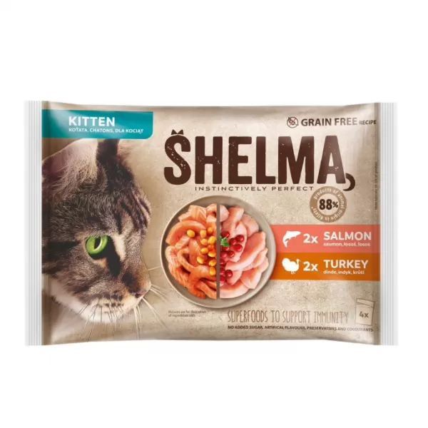 JUKO Shelma Cat Kitten losos 2x,krůta 2x kapsa 85g 4ks
