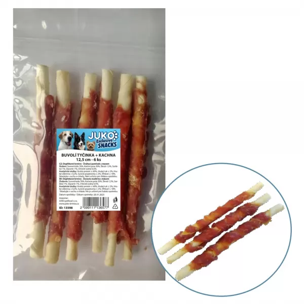 JUKO Tyčinka bůvolí,obalená kachním masem Juko Exclusive Snacks 12,5cm-6ks
