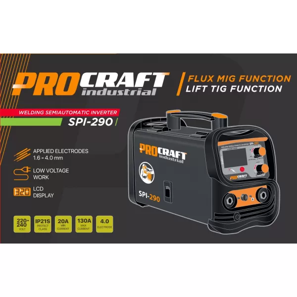 PROCRAFT Kombinovaná invertorová svářečka,Co Flux-trub.drát, MMA TIG lift