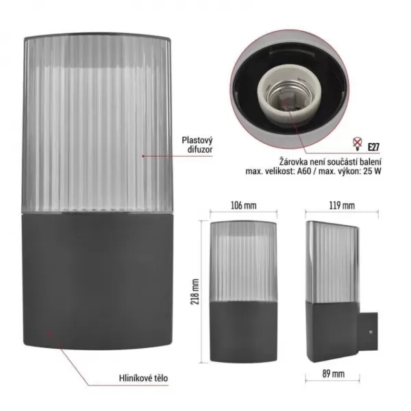 EMOS ZGL010P LED zahradní svítidlo nástěnné E27,IP54,MAX 25W