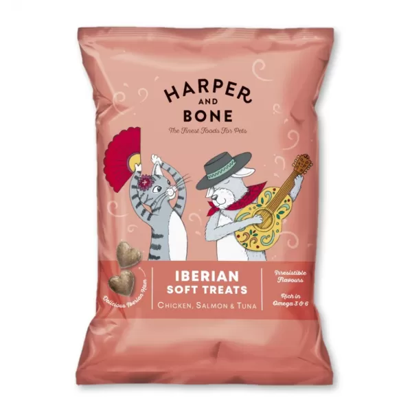JUKO Harper and Bone Cat & Dog iberské měkké pamlsky kuře, losos a tuňák 90g