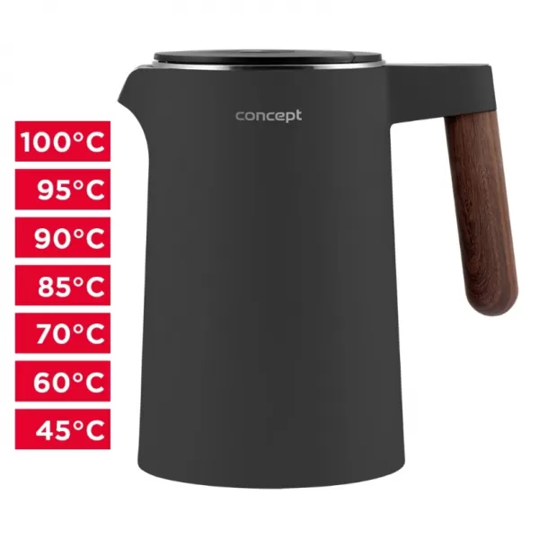 CONCEPT Rychlovarná konvice s regulací teploty 1,5 l NORWOOD, tmavě šedá RK3305