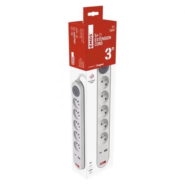 EMOS PRODLUŽKA 5Z 3M S VYP. 1,5MM + USB A+C FAST CHARGING P1513PD