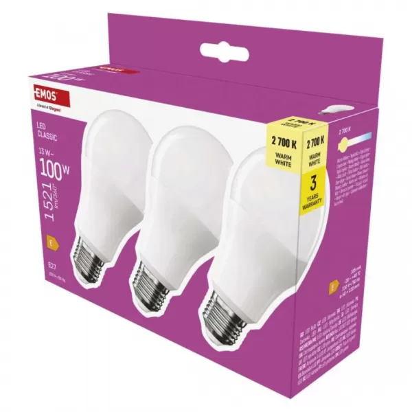 EMOS LED žárovka Classic A60/E27/13W (100W)/1521lm/teplá bílá 3ks/bal. ZQ5E61.3