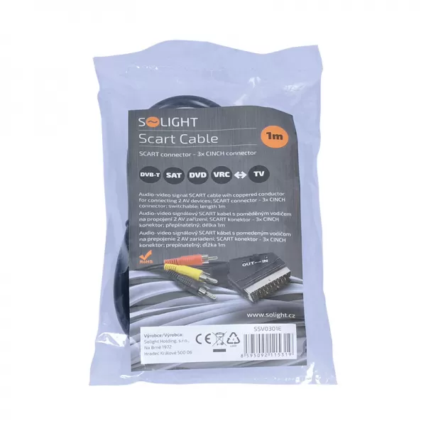 SCART kabel, SCART konektor - 3 x CINCH konektor, přepínatelný, sáček, 1m
