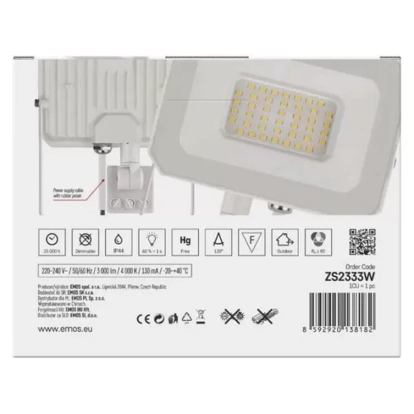 EMOS LED reflektor SIMPO, 30W, 3000LM IP44 NW PIR B ZS2333W