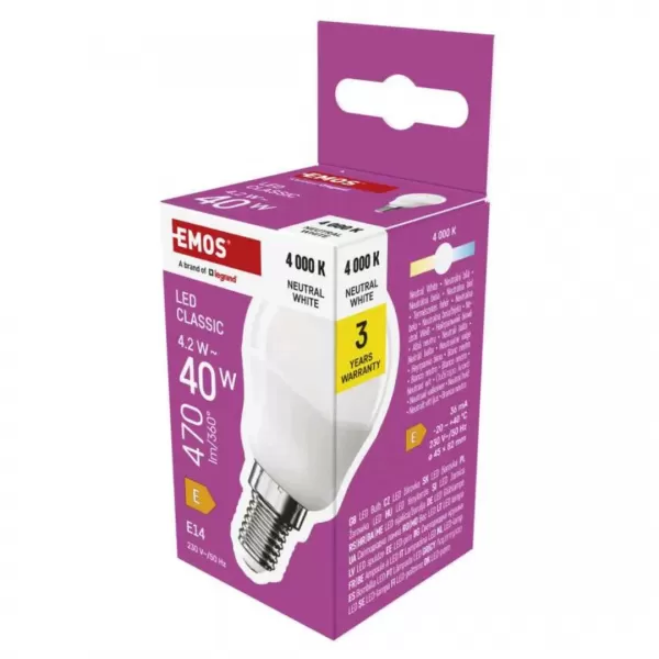 EMOS LED žárovka Classic Mini Globe E14/4,2W (40W)/470lm/neutrální bílá ZQ1E23