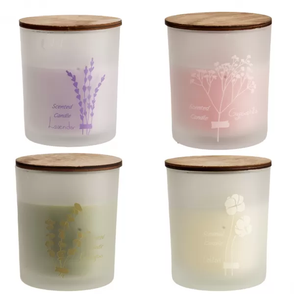 Svíčka sklo/dřevo s vůní 270 g 9x9x10 cm 4ASS