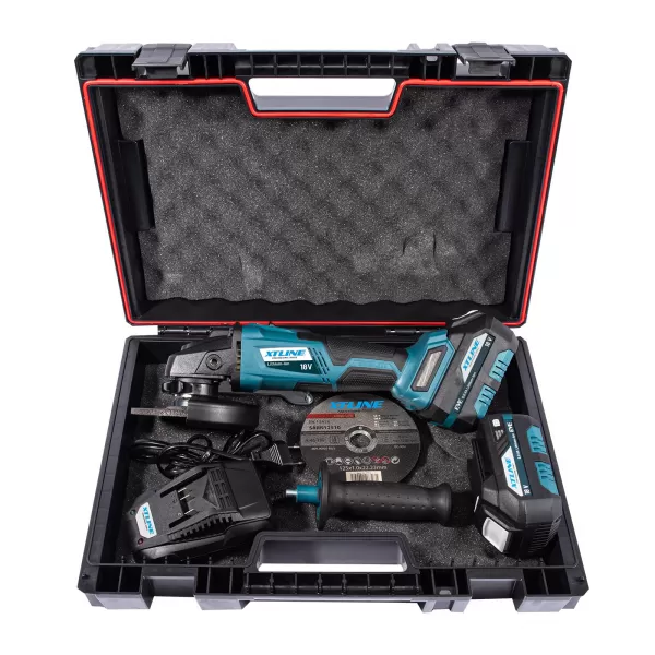 XT Aku úhlová bruska bezuhlíková 18V, 125mm + 2 baterie 5.0Ah + nabíječka 3.5A + box