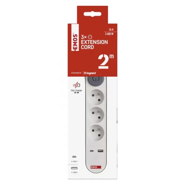 EMOS Prodlužka 3Z 2M s vyp. 1,5mm P1312PD+USB A+C FAST CHARGING