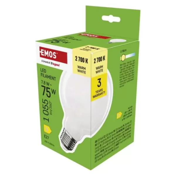 EMOS LED žárovka Filament G95/E27/7,8W (75W)/1055lm/teplá bílá ZF2D52