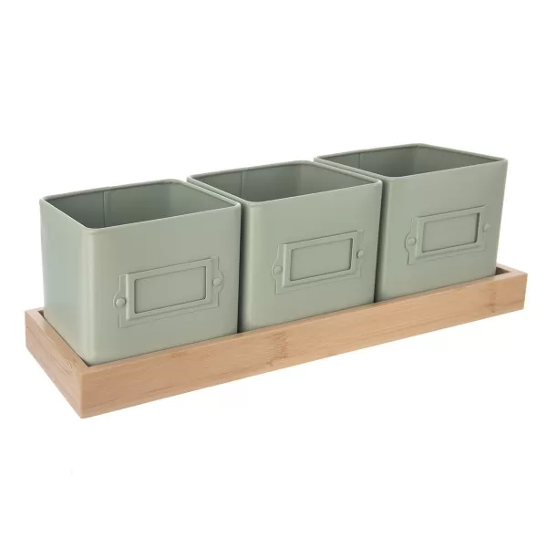 Květináč kov bylinky GREENISH 11,5x11,5 cm 3 ks+ bambus. podtácek
