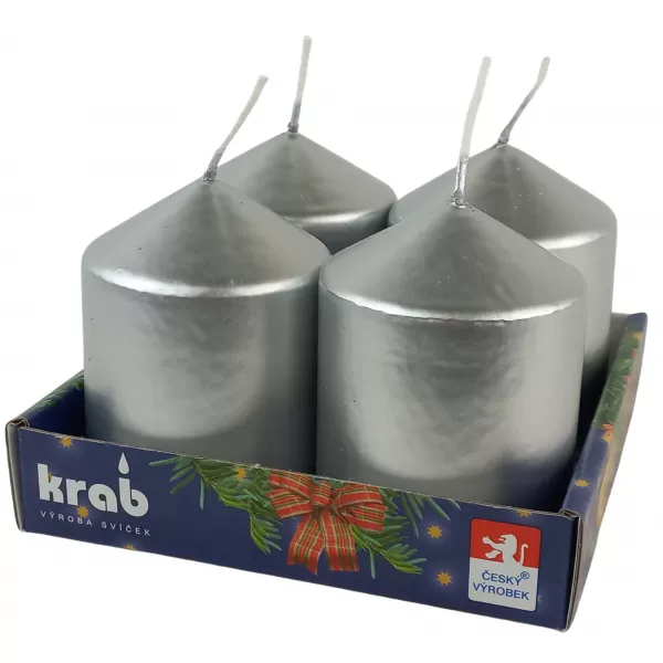 Svíčka adventní válec 60x80 mm - metalická stříbrná (4ks)