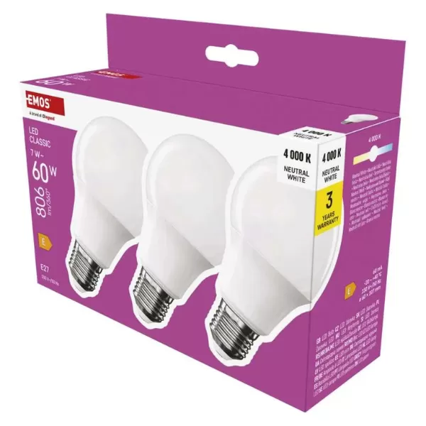EMOS LED CLS A60 7W (60W) 806lm E27 NW 3PC ZQ5E43.3 3ks/bal