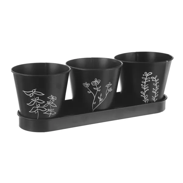 Květináč kov bylinky BLACK pr. 11 cm 3 ks+podtácek