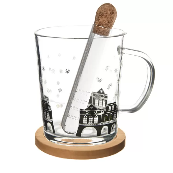 Hrnek sklo/bambus podšálek+infuzér DOMKY 0,42 l