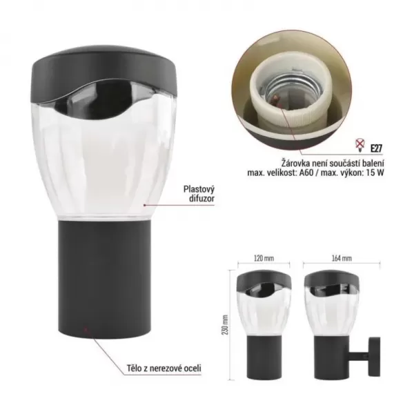 EMOS ZGA010P LED zahradní svítidlo nástěnné E27,IP44,MAX 15W