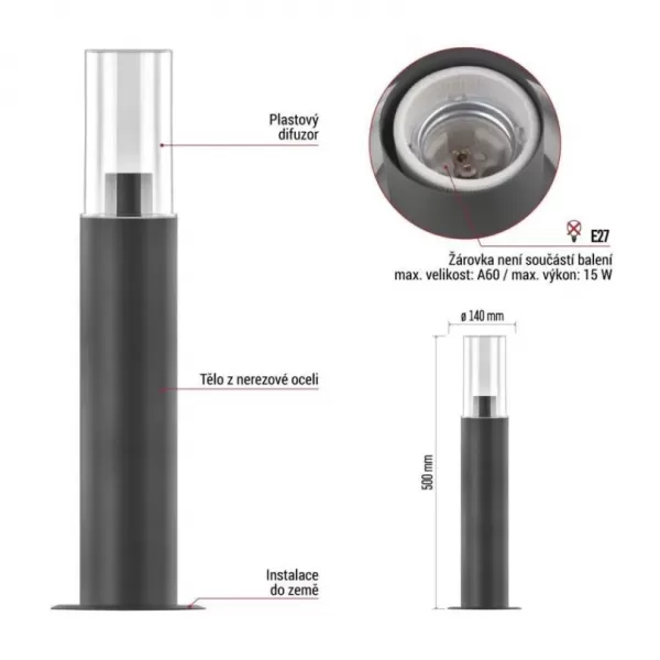 EMOS ZGC0A0P LED zahradní svítidlo sloupek E27,IP44,MAX 15W