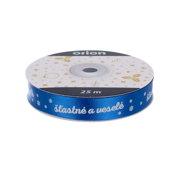 Stuha polyester vánoční Šťastné a veselé 25 m modrá