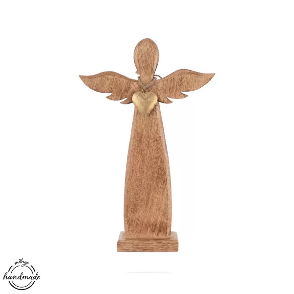 Anděl dřevo MANGO srdce kov v. 42,5 cm