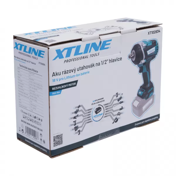 XT Aku rázový utahovák na 1/2" hlavice bezuhlíkový 18V,850Nm