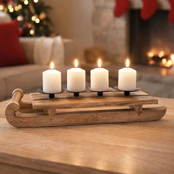 Svícen adventní dřevo/kov MANGO sáňky