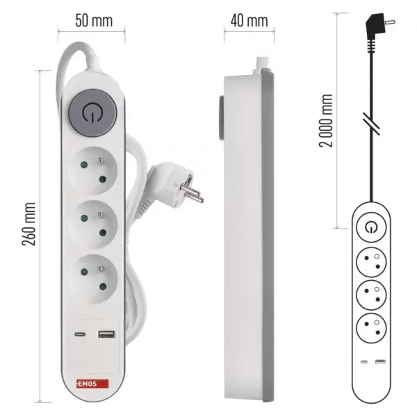 EMOS Prodlužka 3Z 2M s vyp. 1,5mm P1312PD+USB A+C FAST CHARGING