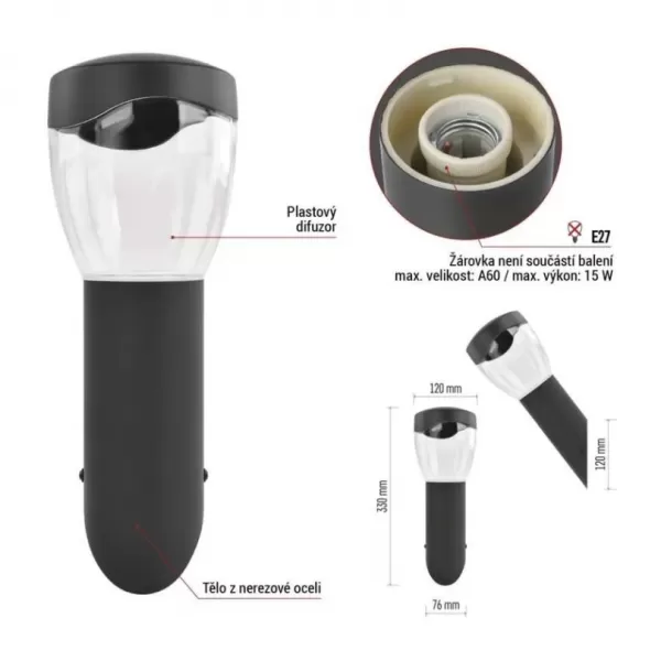 EMOS ZGA020P LED zahradní svítidlo nástěnné E27,IP44,MAX 15W