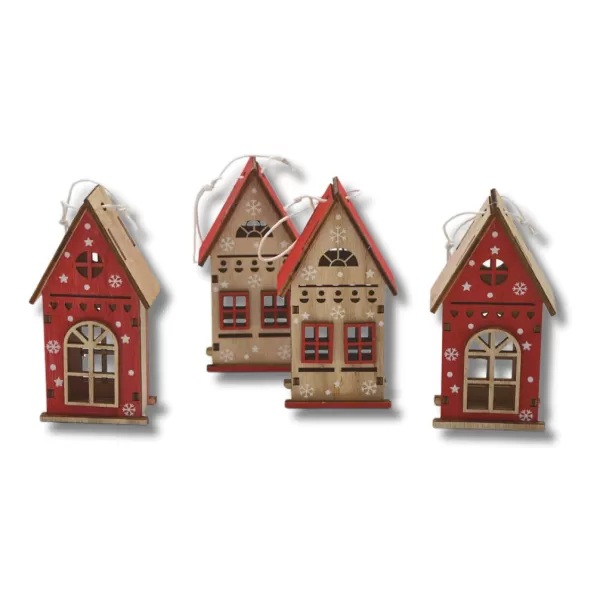 Dekorace - Vesnička 4ks domů bílé+červené 5x11cm/ks