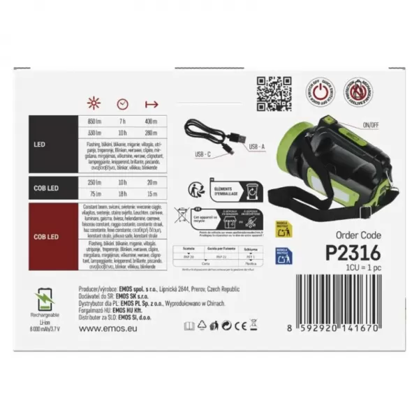 EMOS LED NABÍJECÍ Svítilna nabíjecí 850LM P2316