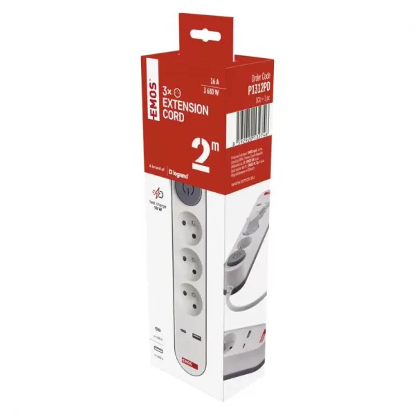 EMOS Prodlužka 3Z 2M s vyp. 1,5mm P1312PD+USB A+C FAST CHARGING