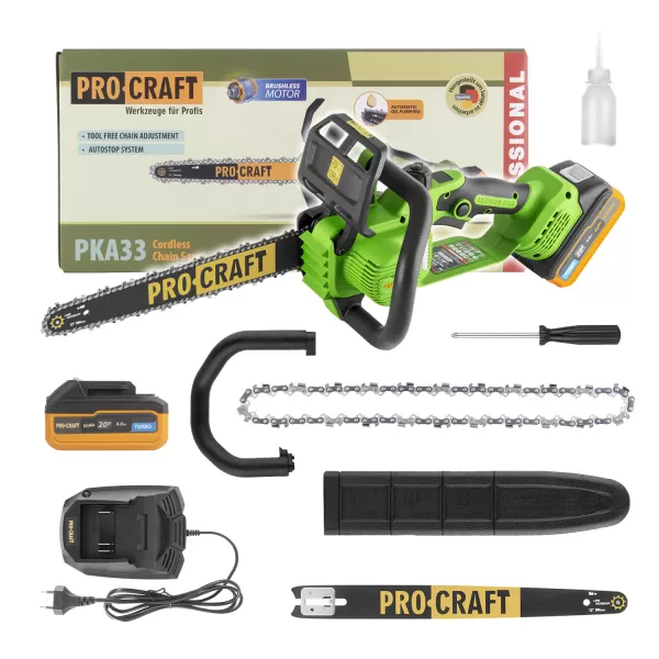 PROCRAFT Aku řetězová pila PKA33 + pracovní rukavice polyuretanové odolné proti proříznutí, L GL-CPU