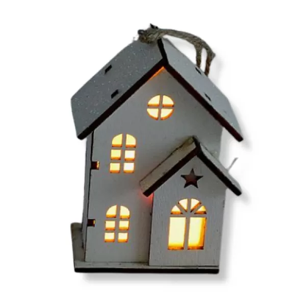 Dekorace - Domeček dřevo závěs LED+garáž 6x8x3,5cm