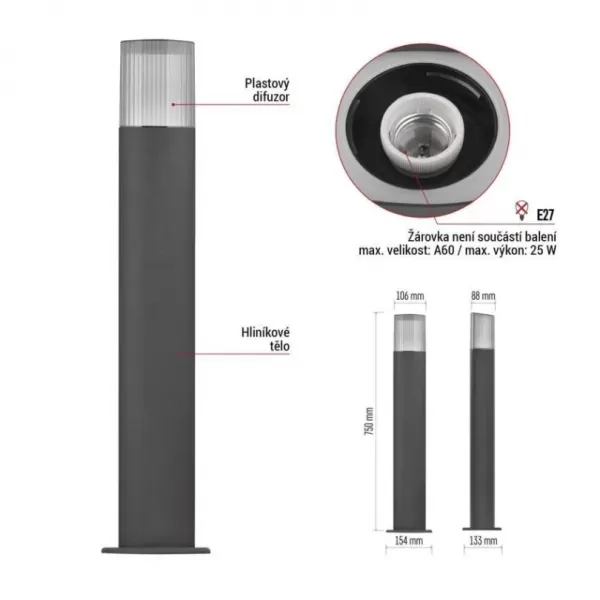 EMOS ZGL0C0P LED zahradní svítidlo sloupek E27,IP54,MAX 25W