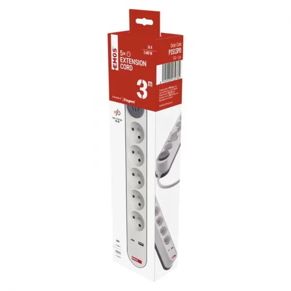 EMOS PRODLUŽKA 5Z 3M S VYP. 1,5MM + USB A+C FAST CHARGING P1513PD