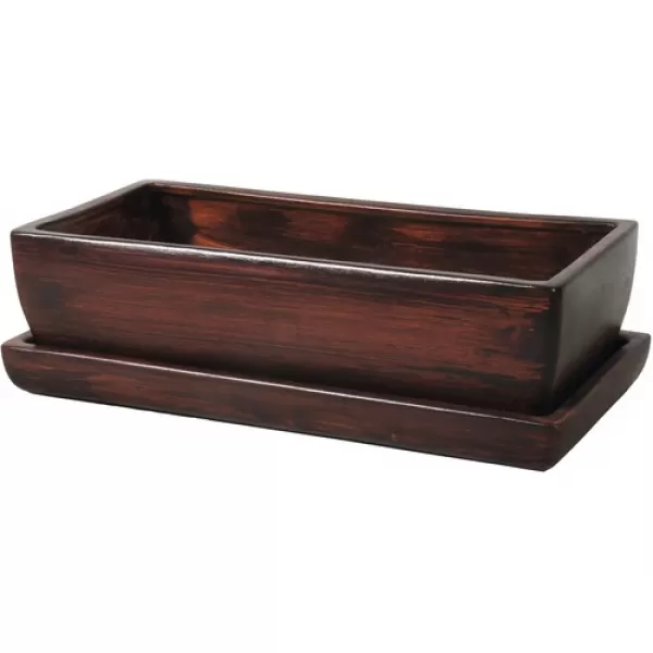 Truhlík KAKTUS WOOD 30cm + podmiska tm. hnědý mat