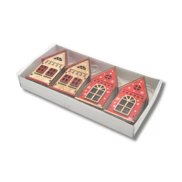 Dekorace - Vesnička 4ks domů bílé+červené 5x11cm/ks