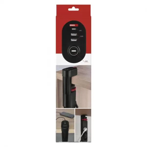 EMOS Prodlužovací kabel s vyp. fix. na stůl 3Z 1,5m + USB A+C, 1,5mm2 P1311PD