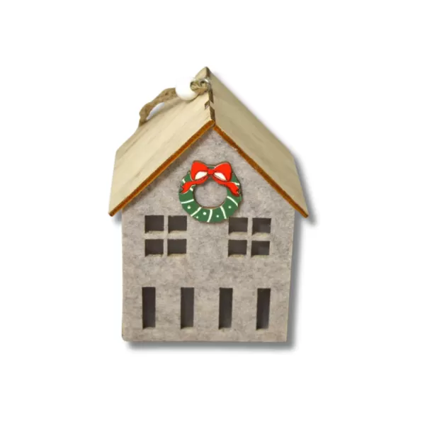 Dekorace - Domek dřevo+plst závěs LED šedý 10cm
