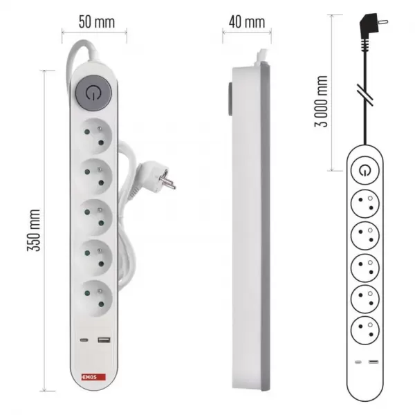 EMOS PRODLUŽKA 5Z 3M S VYP. 1,5MM + USB A+C FAST CHARGING P1513PD