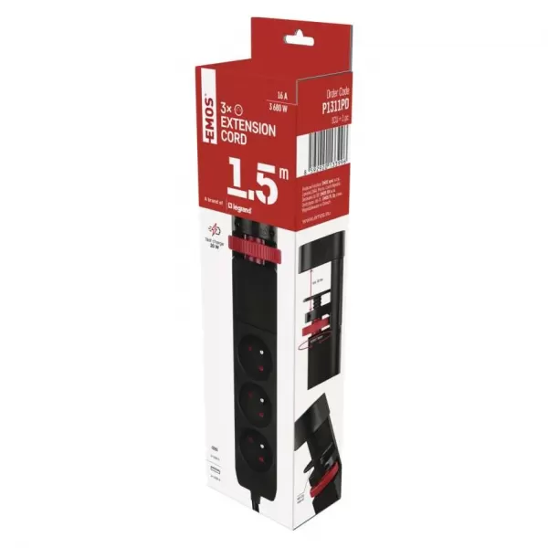 EMOS Prodlužovací kabel s vyp. fix. na stůl 3Z 1,5m + USB A+C, 1,5mm2 P1311PD