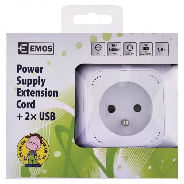 EMOS Přívod kostka 4Z 1,9m+2xUSB P04119U