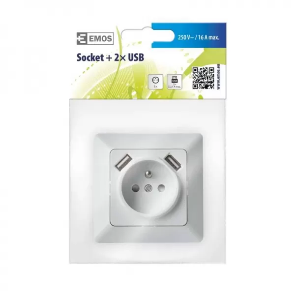 EMOS Zásuvka jednonásobná s USB výstupem 2,bílá lesk IP 20 A6000.0