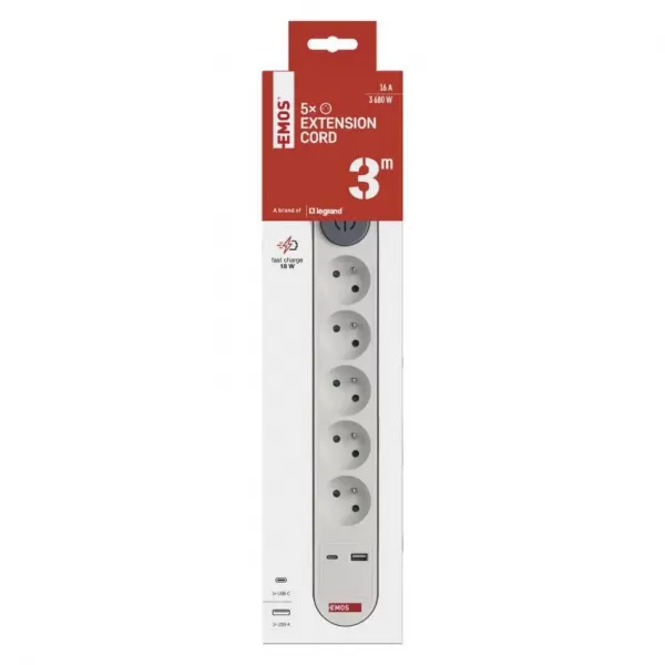 EMOS PRODLUŽKA 5Z 3M S VYP. 1,5MM + USB A+C FAST CHARGING P1513PD