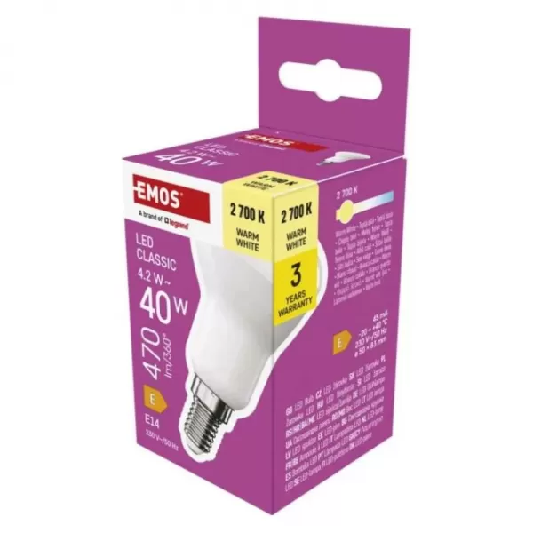 EMOS LED žárovka Classic R50/E14/4,2W (40W)/470lm/teplá bílá ZQ7E21
