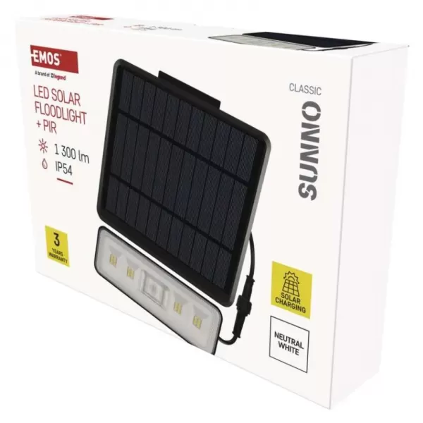EMOS Solární LED reflektor SUNNO s pohybovým čidlem, černý, 1300lm neutrální bílá ZG112S