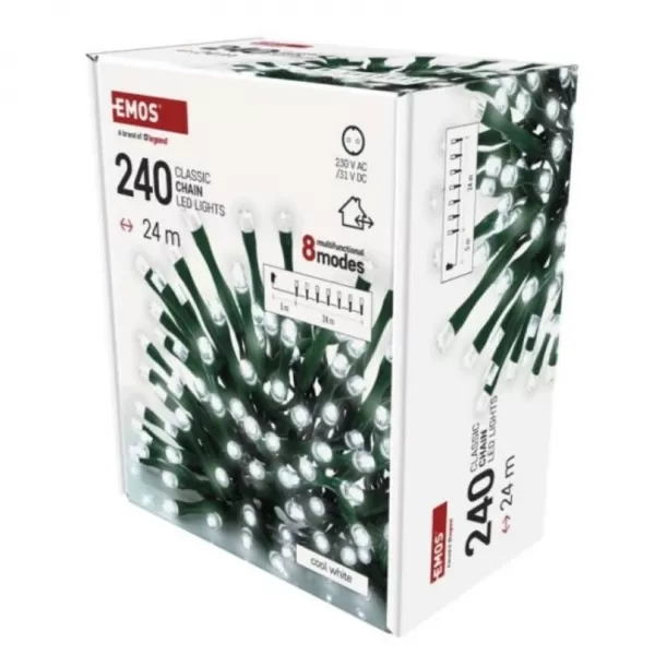 LED vánoční řetěz, 24m, venkovní i vnitřní, studená bílá, programy, časovač D4AC25
