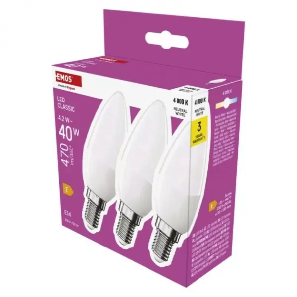 EMOS LED žárovka Classic svíčka/E14/4,2W (40W)/470lm/neutrální bílá 3ks/bal. ZQ3E23.3