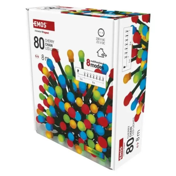LED vánoční cherry řetěz – kuličky, 8m, venkovní i vnitřní, multicolor, programy, časovač D5AM22
