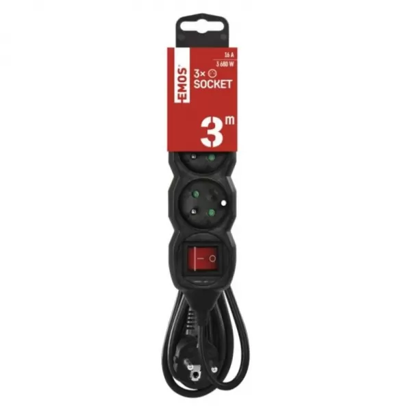 EMOS Prodlužka 3Z 3m černá, vyp. PC1313R